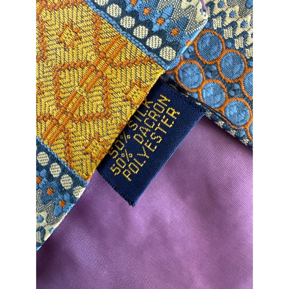 Pulitzer Mens Silk Blend Geometric Medallion Stripe Tie Gold Blue Orange 56